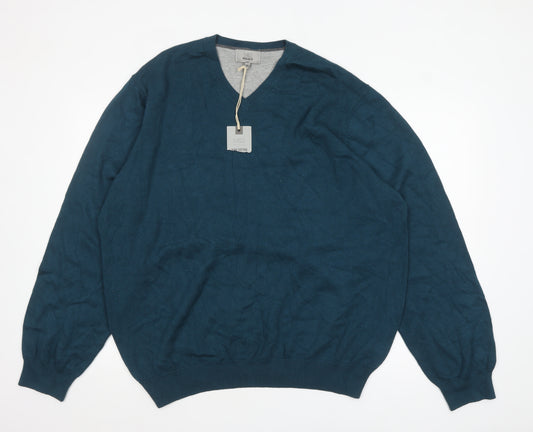 Marks and Spencer Men’s Blue Cotton V-Neck Jumper XXL Regular Fit