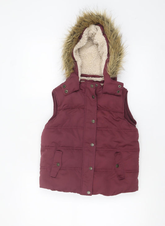 FatFace Girls Red Hooded Faux Fur Lined Puffer Gilet 8-9 Years