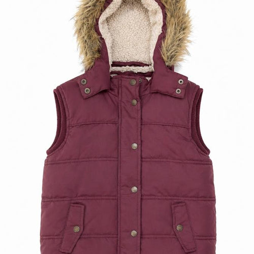 FatFace Girls Red Hooded Faux Fur Lined Puffer Gilet 8-9 Years