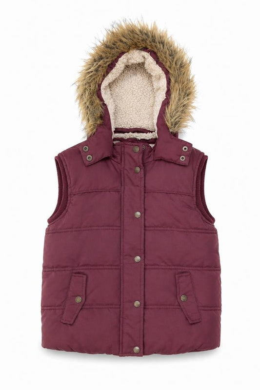 FatFace Girls Red Hooded Faux Fur Lined Puffer Gilet 8-9 Years