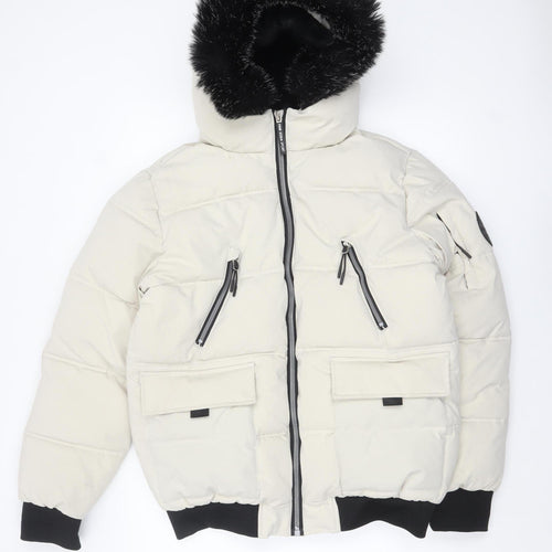 Pink Soda Sport Women’s Ivory Puffer Jacket Size 12 Hooded Winter Coat