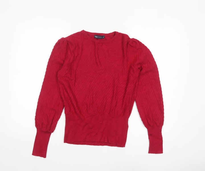 Marks and Spencer Women Red Size 12 Crew Neck Puff Sleeve Pullover Jumper