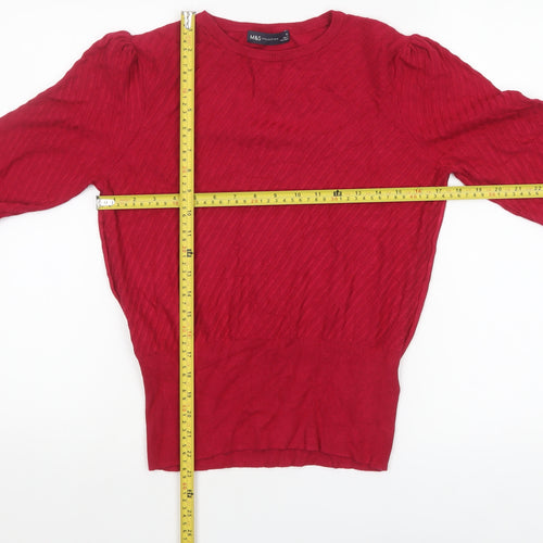 Marks and Spencer Women Red Size 12 Crew Neck Puff Sleeve Pullover Jumper