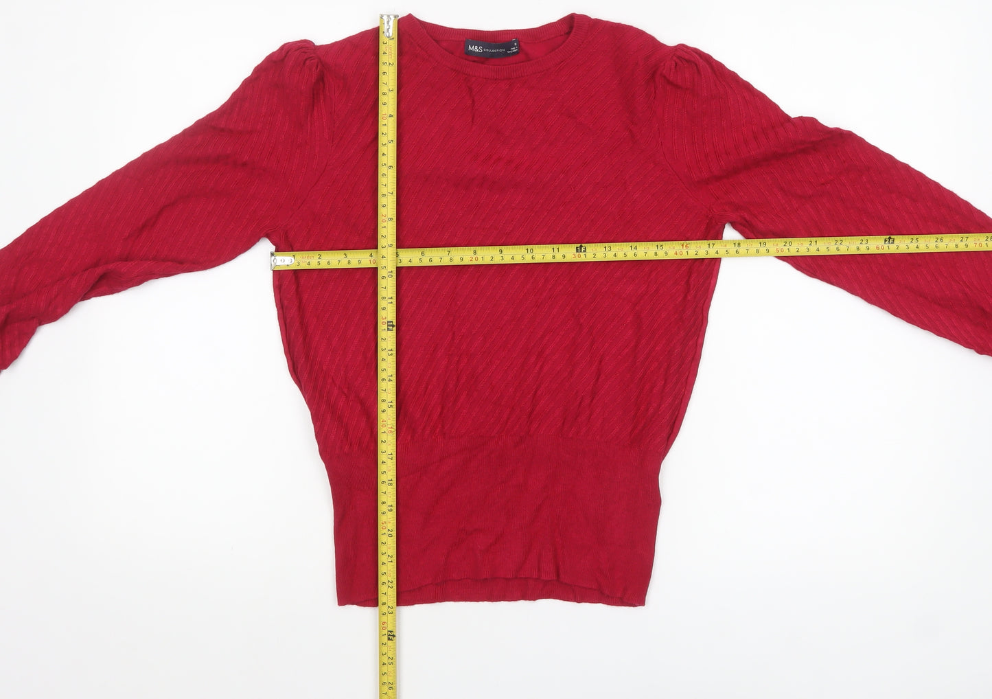 Marks and Spencer Women Red Size 12 Crew Neck Puff Sleeve Pullover Jumper
