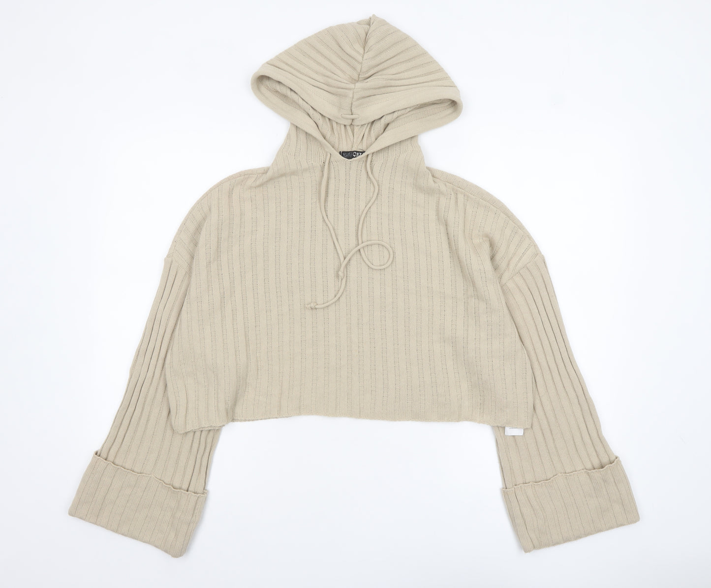 Quiz Womens Beige Hooded Rib Knit Cropped Jumper Size S
