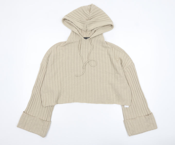 Quiz Womens Beige Hooded Rib Knit Cropped Jumper Size S