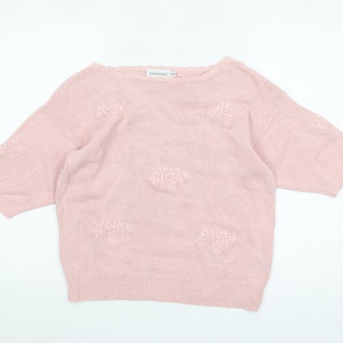 ESSENTIALS Womens Pink Embroidered Boat Neck Pullover Jumper Size 10/12