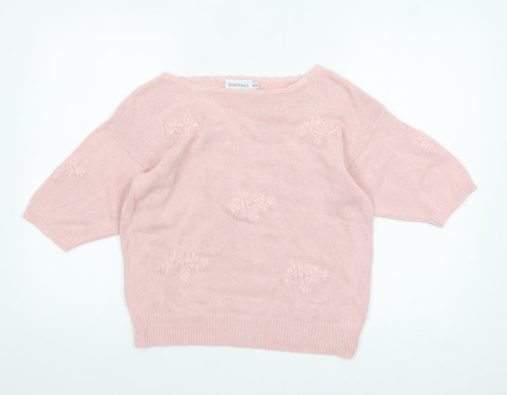 ESSENTIALS Womens Pink Embroidered Boat Neck Pullover Jumper Size 10/12