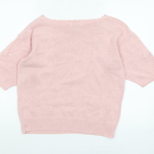 ESSENTIALS Womens Pink Embroidered Boat Neck Pullover Jumper Size 10/12