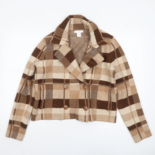 Halston Women Brown Check Knit Cropped Pea Coat Jacket Size L