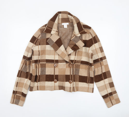Halston Women Brown Check Knit Cropped Pea Coat Jacket Size L