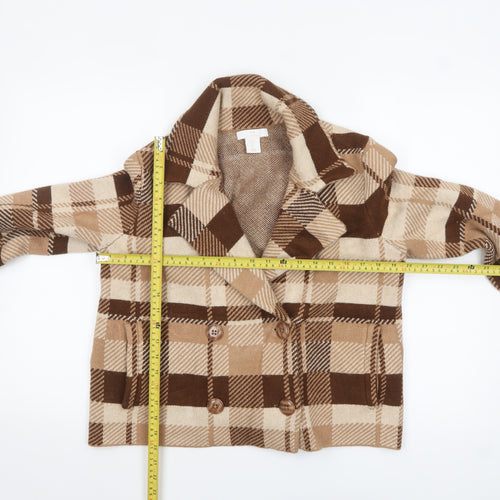Halston Women Brown Check Knit Cropped Pea Coat Jacket Size L