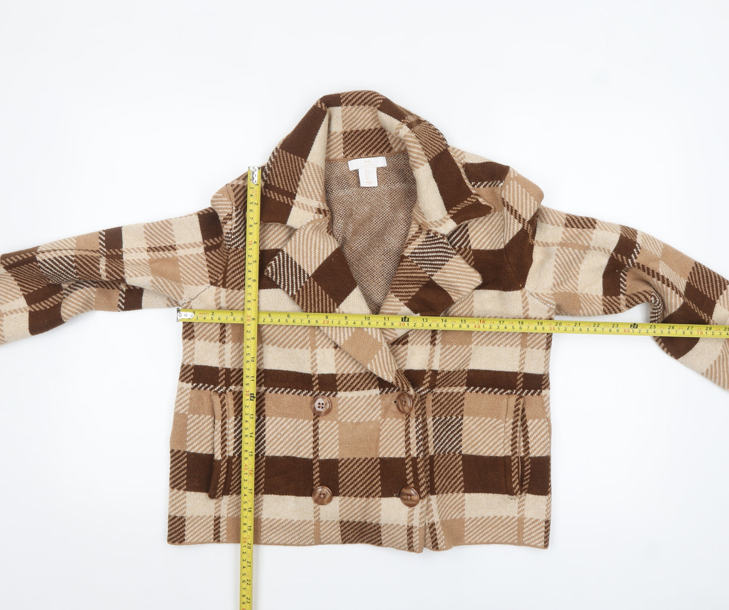 Halston Women Brown Check Knit Cropped Pea Coat Jacket Size L