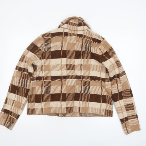 Halston Women Brown Check Knit Cropped Pea Coat Jacket Size L