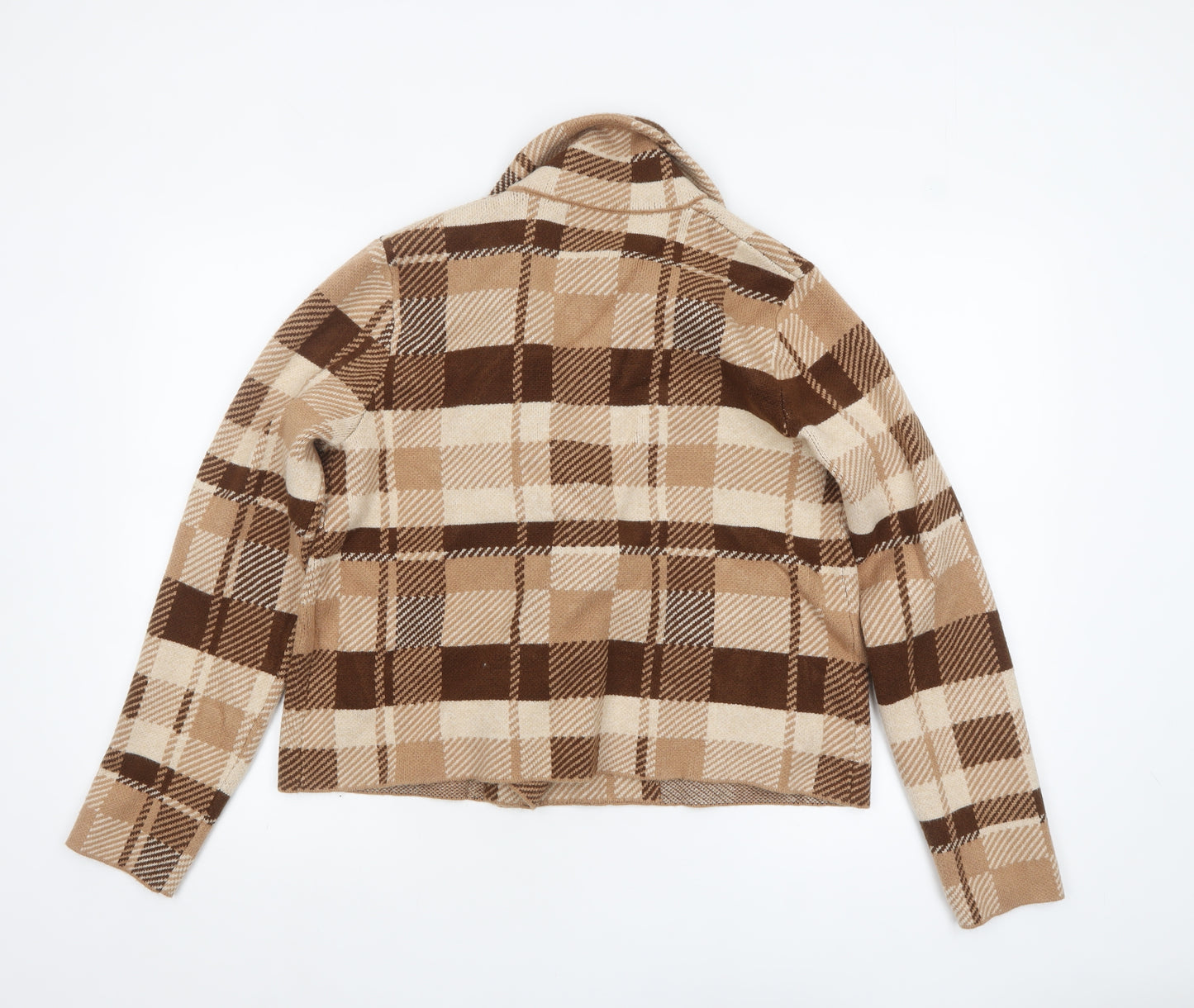 Halston Women Brown Check Knit Cropped Pea Coat Jacket Size L