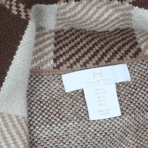 Halston Women Brown Check Knit Cropped Pea Coat Jacket Size L
