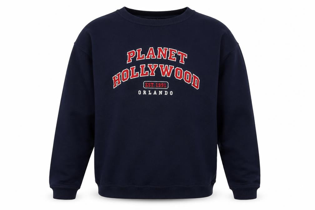 Front view of Planet Hollywood men’s blue large pullover sweatshirt 90s retro logo