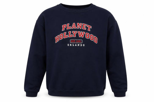 Front view of Planet Hollywood men’s blue large pullover sweatshirt 90s retro logo