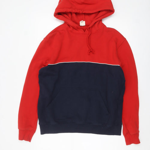 H&M Men's Red and Navy Pullover Hoodie Medium Fleece Cotton Blend