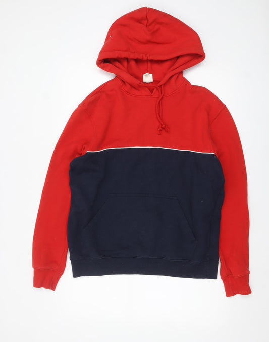 H&M Men's Red and Navy Pullover Hoodie Medium Fleece Cotton Blend