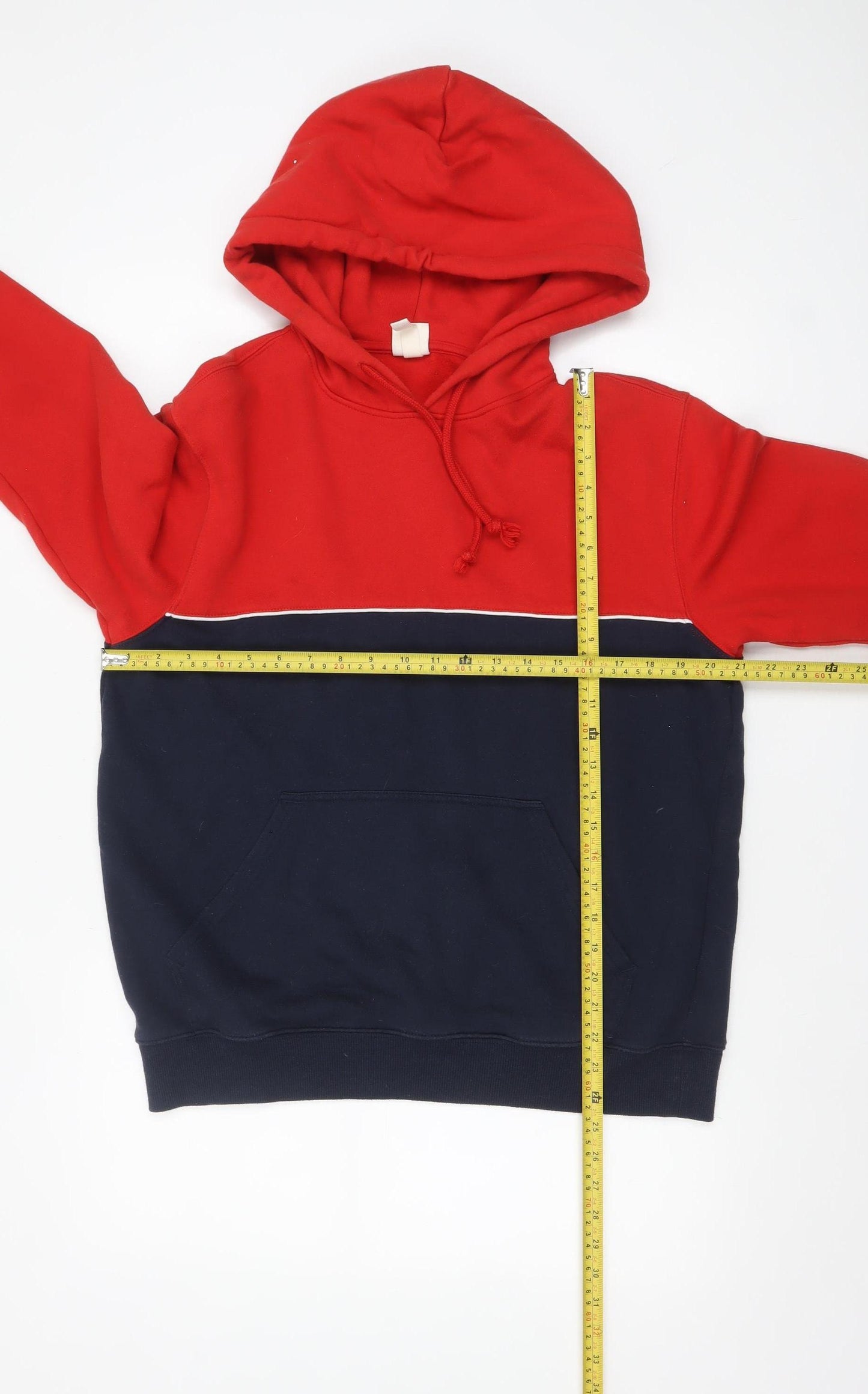 H&M Men's Red and Navy Pullover Hoodie Medium Fleece Cotton Blend
