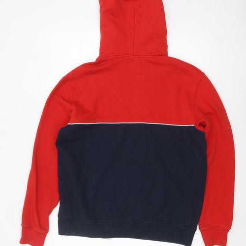 H&M Men's Red and Navy Pullover Hoodie Medium Fleece Cotton Blend
