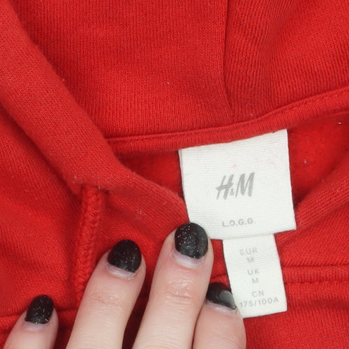 H&M Men's Red and Navy Pullover Hoodie Medium Fleece Cotton Blend