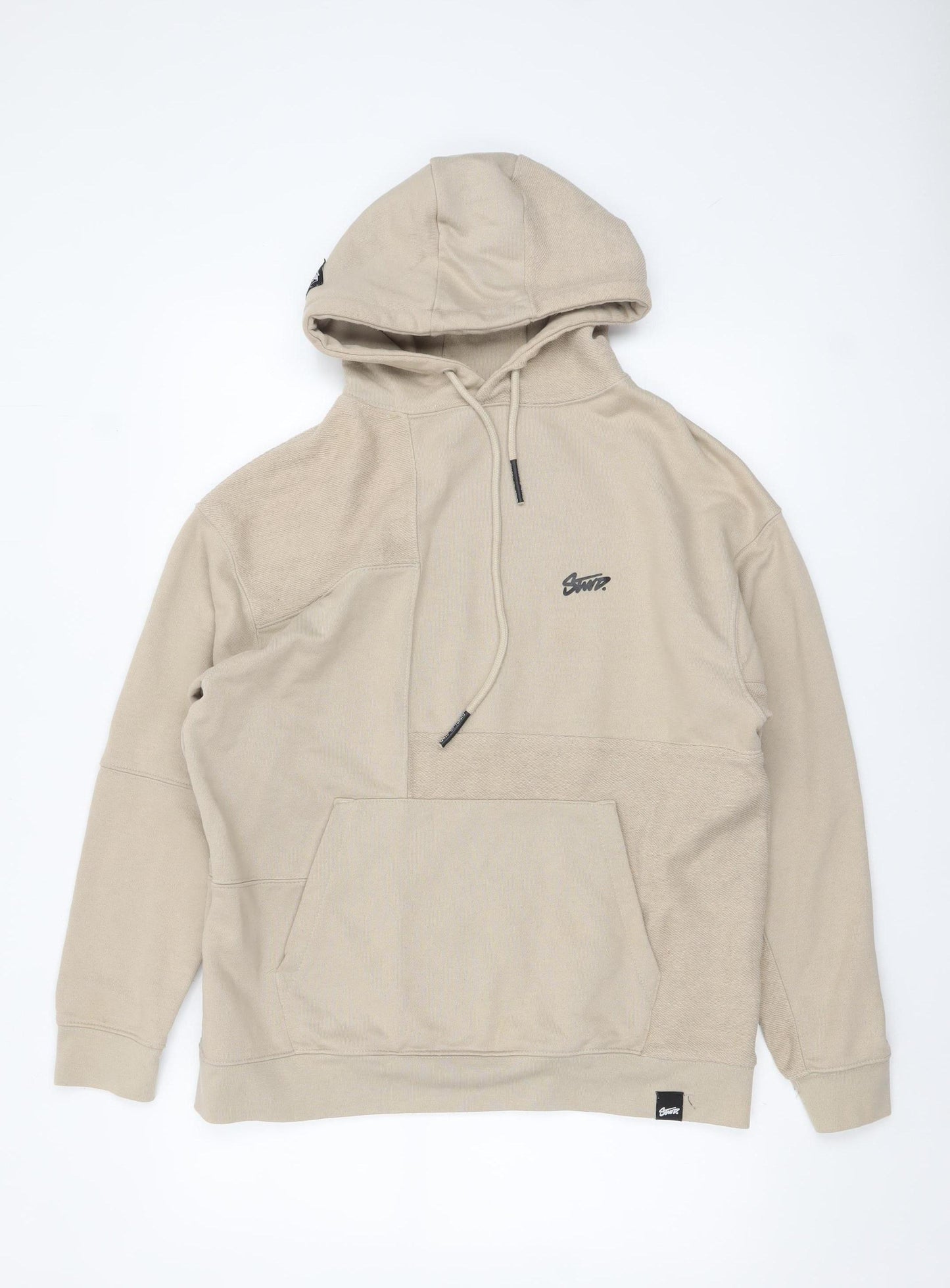 Pull & Bear Men's Beige Pullover Hoodie M Logo Front Casual Style