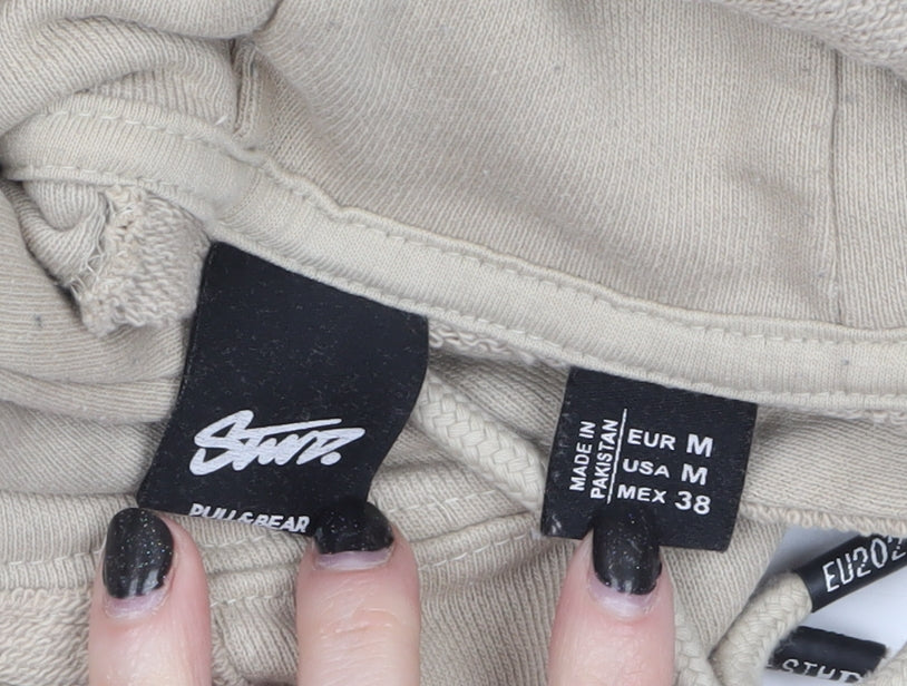 Pull & Bear Men's Beige Pullover Hoodie M Logo Front Casual Style