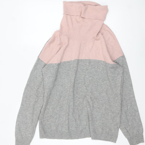 Gallery Women's Grey & Pink Roll Neck Long Sleeve Pullover Jumper Size L