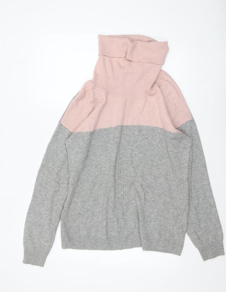 Gallery Women's Grey & Pink Roll Neck Long Sleeve Pullover Jumper Size L
