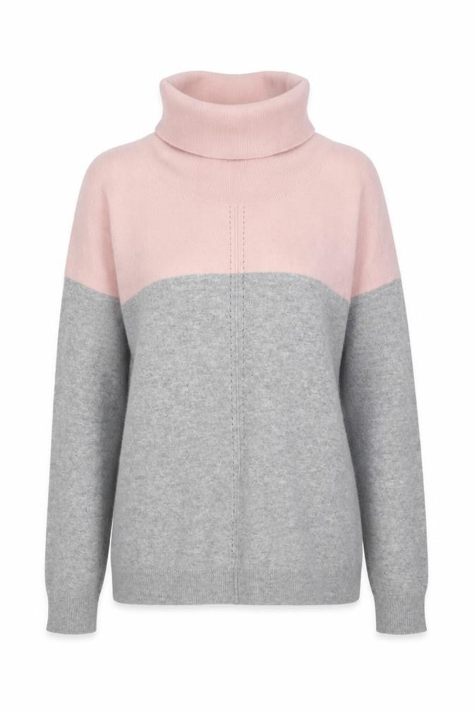 Front view of Gallery Women's Grey & Pink Roll Neck Long Sleeve jumper, size L