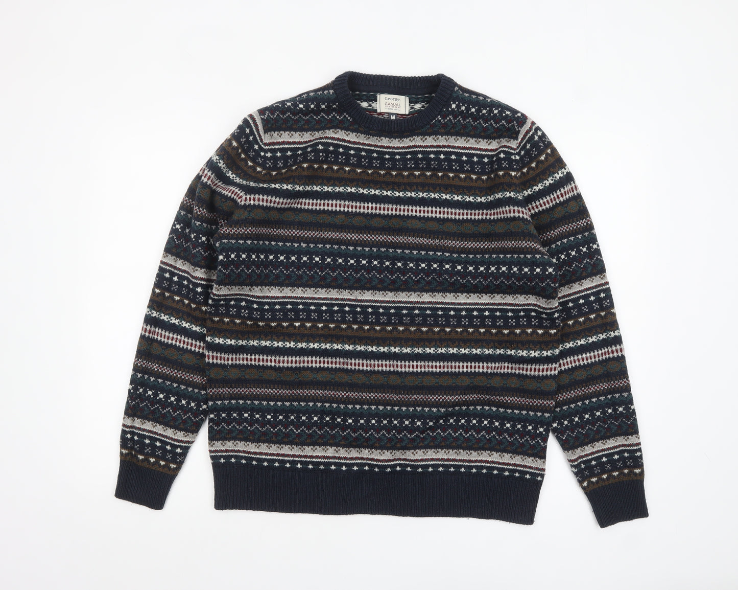 George Men's Blue Fair Isle Crew Neck Knit Jumper Medium