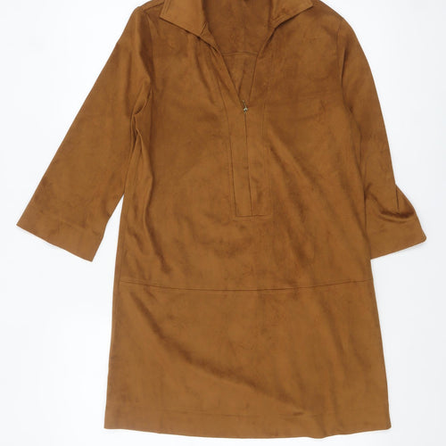Forever 21 Women Brown Suede Shift Dress Size S Collared 3/4 Sleeve