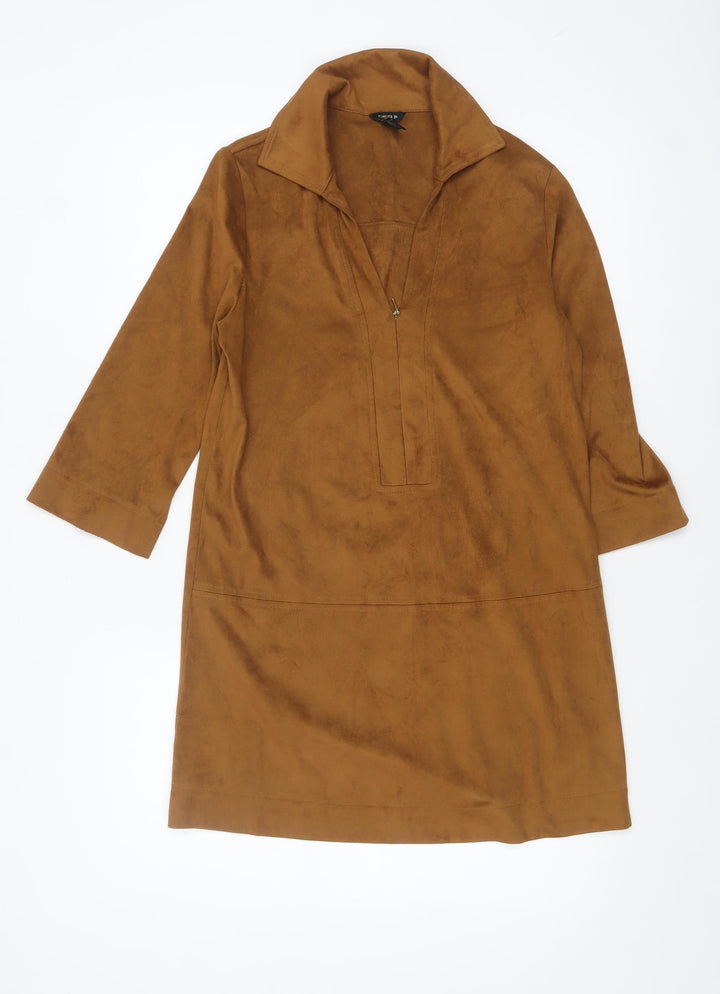 Forever 21 Women Brown Suede Shift Dress Size S Collared 3/4 Sleeve