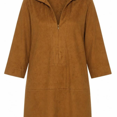 Forever 21 Women Brown Suede Shift Dress Size S Collared 3/4 Sleeve