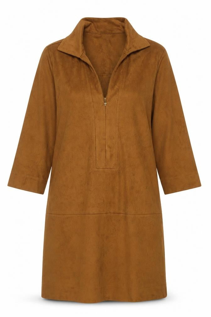 Forever 21 Women Brown Suede Shift Dress Size S Collared 3/4 Sleeve
