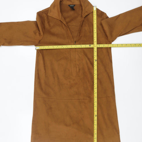 Forever 21 Women Brown Suede Shift Dress Size S Collared 3/4 Sleeve