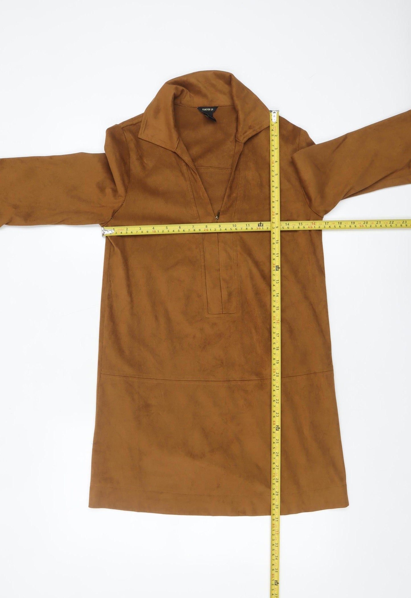 Forever 21 Women Brown Suede Shift Dress Size S Collared 3/4 Sleeve