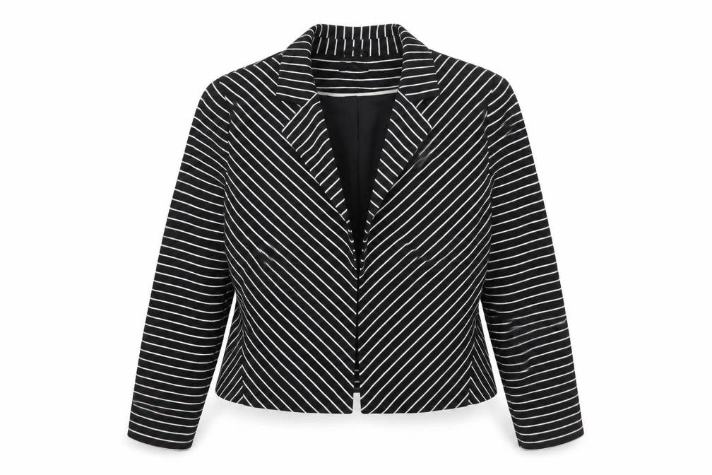 Front view of M&Co Women Black/Ivory Striped Single-Breasted Blazer, size 20