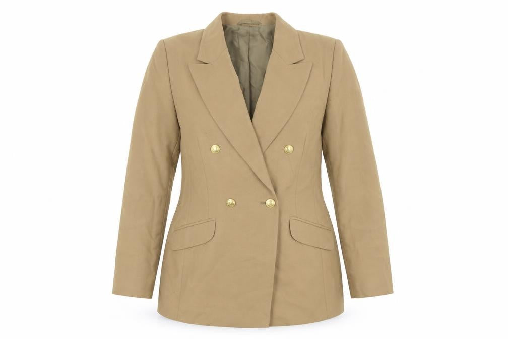 Front view of BHS Women’s Beige Wool Blend Double-Breasted Blazer, size UK 14