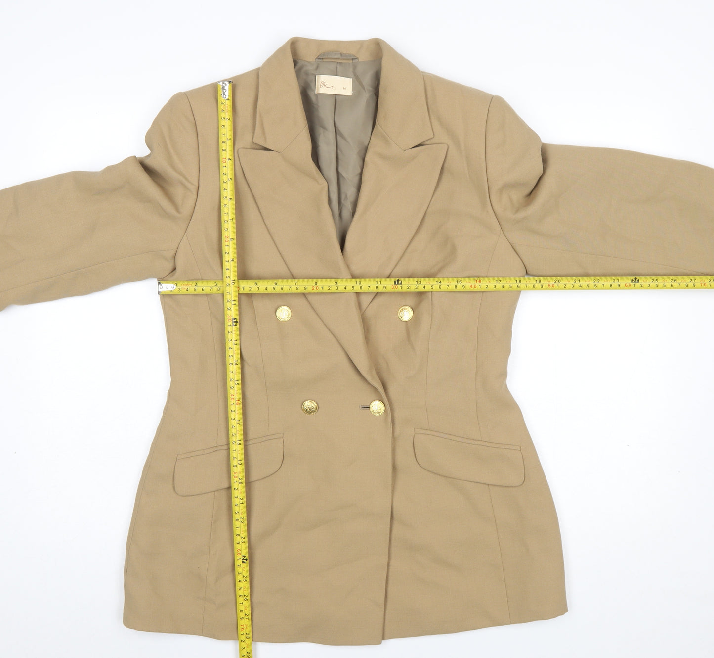 BHS Women’s Beige Wool Blend Double-Breasted Blazer Size 14