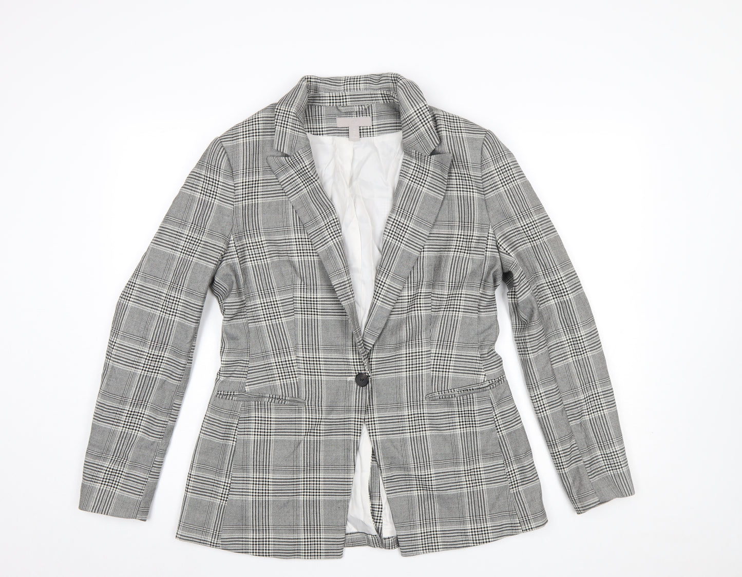 H&M Women’s Grey Check Single-Breasted Blazer UK 12 Polyester Blend