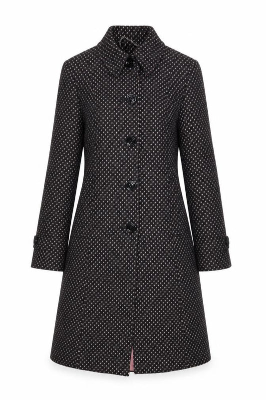 Front view of Next Women’s Black Petite Wool Overcoat, size UK 6, Long Classic Style