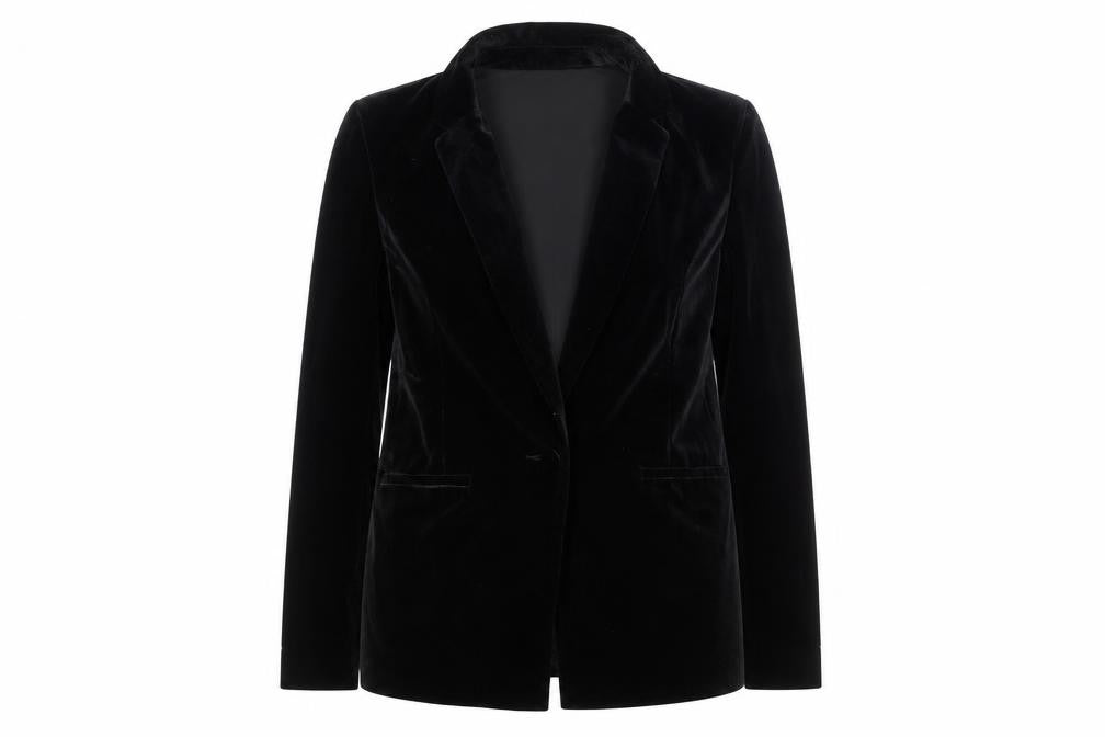 Front view of Tu Woman Black Velvet Single Breasted Blazer, size 10