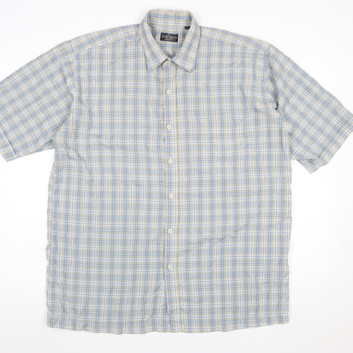 John Curtis Men's Beige Blue Check Short Sleeve Button-Up Shirt L