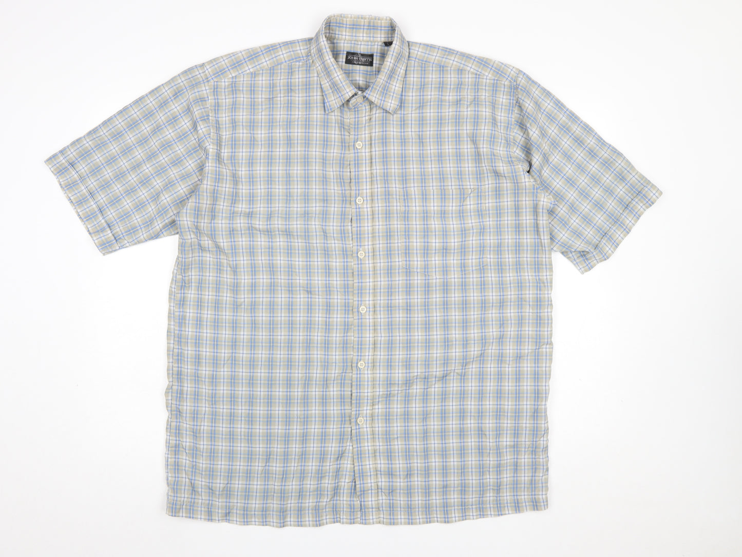 John Curtis Men's Beige Blue Check Short Sleeve Button-Up Shirt L