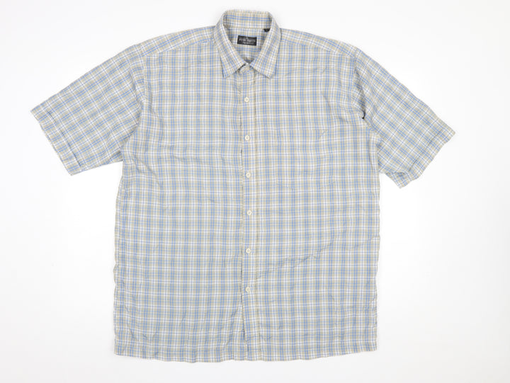 John Curtis Men's Beige Blue Check Short Sleeve Button-Up Shirt L