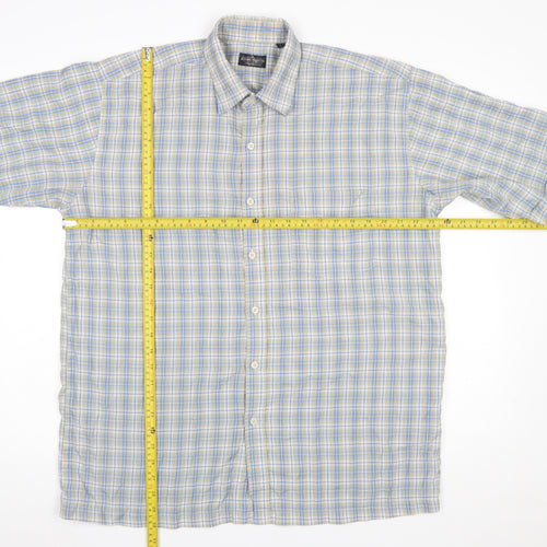 John Curtis Men's Beige Blue Check Short Sleeve Button-Up Shirt L