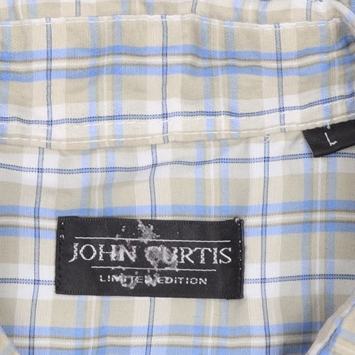 John Curtis Men's Beige Blue Check Short Sleeve Button-Up Shirt L